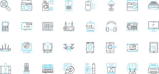 Digital devices linear icons set. Smartph, Tablet, Laptop, Computer, Camera, Gaming, Headphs line vector and concept signs. Speaker,Smartwatch,Router outline illustrations