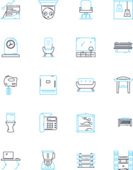 Decor studio linear icons set. Aesthetics, Ambience, Chic, Cozy, Design, Eccentric, Elegance line vector and concept signs. Funky,Glamorous,Harmony outline illustrations