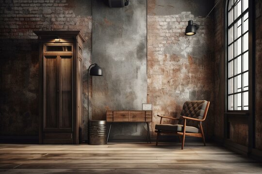 Loft interior background old wall and Phone booth. Generative AI