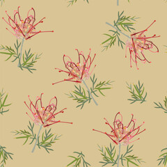 Seamless floral pattern with blooming branches of Grevillea flower. Grevillea banksii. Exotic red blossom. On light yellow background.