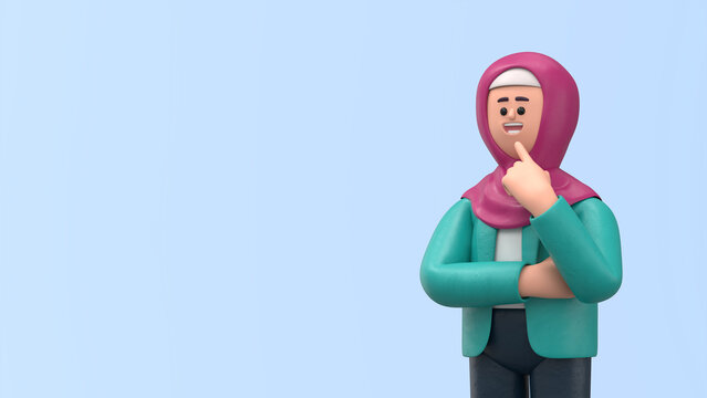 3D illustration of  a thinking Arab women Ghaliyah pondering making decision. Portraits of cartoon characters solving problems, feeling concerned puzzled lost in thoughts. Searching and finding a solu