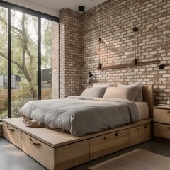 A contemporary bedroom with a platform bedframe that features built-in wooden storage drawers and a whitewashed brick wall backdrop, generative ai - obrazy, fototapety, plakaty