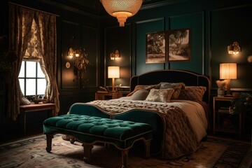 A cozy Art Nouveau Bedroom with a plush velvet ottoman, silk throw pillows, and brass lamps casting a warm glow, generative ai