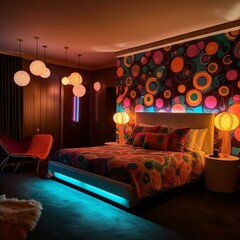 A groovy Retro Bedroom with funky lighting and psychedelic wall art inspired by the 70s, generative ai