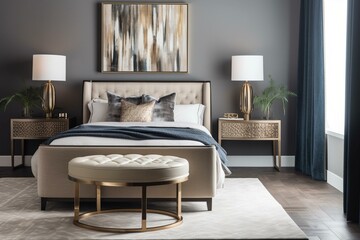 A modern twist on Art Deco bedroom with a focus on simplicity and minimalism, featuring clean lines, contrasting textures, and pops of metallic finishes, generative ai