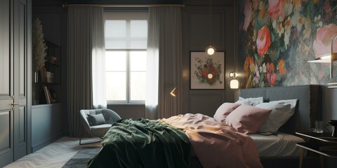 A modern take on an English bedroom with geometric plaid curtains and abstract floral artwork, generative ai