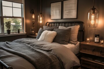 A romantic Industrial Chic Bedroom with soft Edison bulb lighting and delicate metal accents, highlighting a plush upholstered bed and cozy throw pillows, generative ai