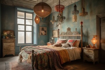 A Vintage Artisanal Bedroom, with a Refurbished Bedframe, Patterned Textile Pillows, and a Shabby-Chic Chandelier, generative ai