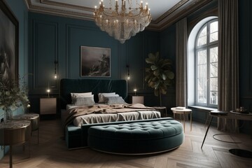 A stylish Art Nouveau Bedroom with a sleek velvet sectional, silk curtains, and a modern chandelier that adds a touch of glamour, generative ai