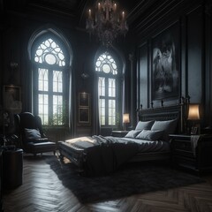 A timelessly elegant Bedroom that effortlessly marries Gothic style furnishings with contemporary design elements to create a unique and stylish space, generative ai