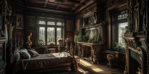 A decadent Victorian Bedroom featuring dramatic, carved woodwork and abundant texture in sumptuous velvets and silks, generative ai