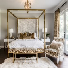 A luxurious Hollywood Regency Bedroom with a white lacquered canopy bed, cheetah print armchair, and gold accent decor, generative ai