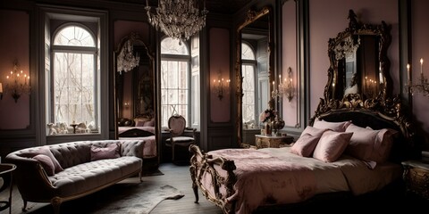 A romantic Gothic Bedroom with soft pink accents, a gilded mirror and vintage chandelier, generative ai