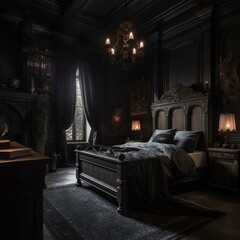 A dark and moody Bedroom accented with richly detailed Gothic furniture and soft lighting to evoke a sense of medieval romanticism, generative ai