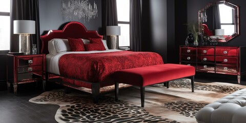 A bold Hollywood Regency Bedroom anchored by a red lacquered platform bed, tiger print rug, and mirrored dresser, generative ai