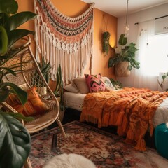A colorful Boho Chic Bedroom filled with macrame plant hangers and a cozy fringe hammock chair, generative ai