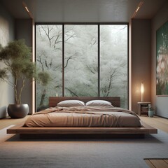 A minimalist Zen style Bedroom featuring a low platform bed and earthy tones, generative ai