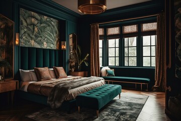 A glamorous Art Deco bedroom that embraces maximalism, featuring lacquered finishes, exotic wood textures, plush velvet seating, and bold patterned wallpaper, generative ai