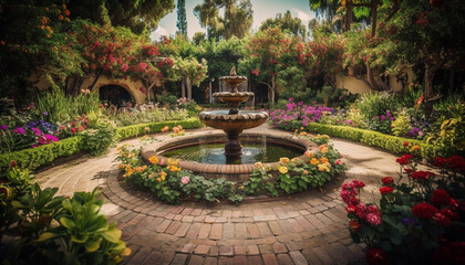 Fresh flowers bloom in historic courtyard gardens generated by AI - obrazy, fototapety, plakaty