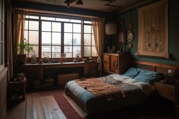 A charming and inviting Japanese Bedroom with eclectic decor and vintage accents, generative ai