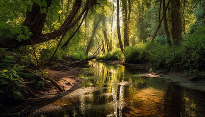 Fototapeta na wymiar Tranquil scene of flowing water in forest generated by AI