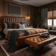 A cozy Rustic Lodge bedroom featuring a plaid upholstered headboard, leather ottoman and warm wood tones throughout, generative ai