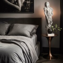 A minimalist Art Nouveau Bedroom with simple velvet bedding, silk pillows, and a polished silver table lamp that brings modern flair, generative ai