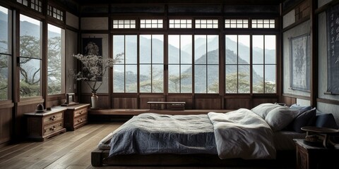 A rustic Japanese Bedroom with distressed wood furniture and rice paper screens punctuated by bold indigo accents, generative ai