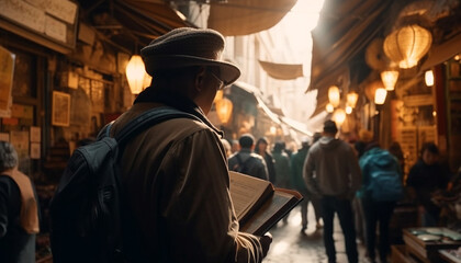 Fototapeta premium Crowd walking outdoors at night, illuminated lanterns generated by AI