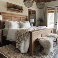 A Traditional Farmhouse Bedroom showcasing a wooden bedframe with chicken wire insets, a burlap drum pendant light, and a cozy woven throw blanket, generative ai