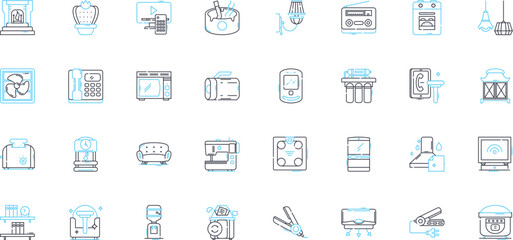Smart devices linear icons set. Innovation, Efficiency, Connectedness, Intelligence, Automation, Convenience, Integration line vector and concept signs. Interactivity,Mobility,Functionality outline