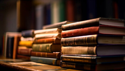 Row of old textbooks fills antique bookshelf generated by AI - obrazy, fototapety, plakaty