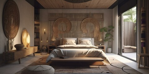 A dreamy Bedroom with an exotic feel, blending Global and Ethnic influences in a harmonious way, generative ai