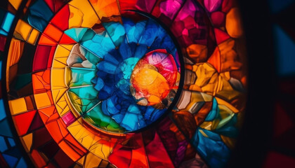 Stained glass window displays vibrant colors shining bright generated by AI