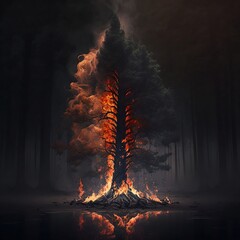 A pine tree on fire in the forest, Generative AI