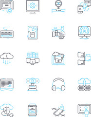 Computer software linear icons set. Programming, Coding, Debugging, Encryption, Gaming, Visualization, Analytics line vector and concept signs. Operating,Interface,Database outline illustrations