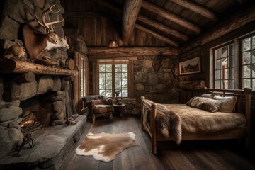 A Rustic Lodge Bedroom with an animal skin rug, a stone hearth, and a carved wooden bench, generative ai