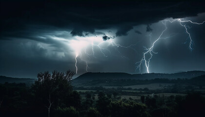 Naklejka na ściany i meble Electricity crackles, thunderstorm rages nature's power reigns generated by AI