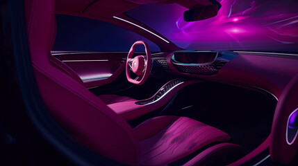 Futuristic AI designed car interior concept featuring minimalistic design with beautiful purple colors.  Driverless electric design with luxury comfort and self driving (generative AI)