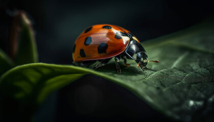 Spotted ladybug crawls on green plant leaf generated by AI