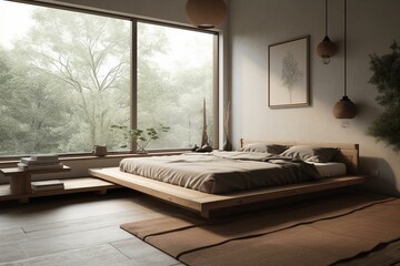 A minimalist Zen style Bedroom featuring a low platform bed and earthy tones, generative ai