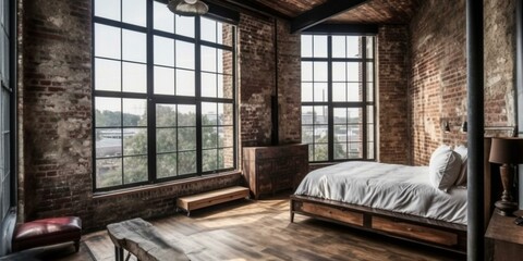 A masculine Bedroom with brick walls, dark wood furniture pieces, and a large industrial floor lamp, generative ai