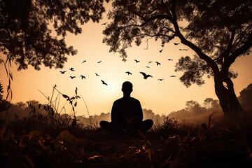 Silhouette of a person sitting in a lotus position, surrounded by nature. AI generative image.