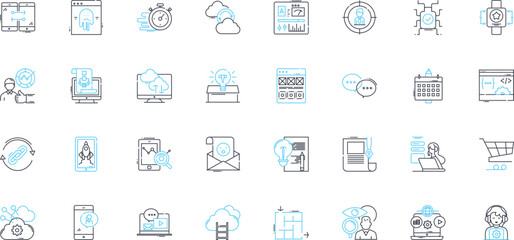 Blog outreach linear icons set. Collaborate, Engagement, Influencers, Promotion, Nerk, Visibility, Partnerships line vector and concept signs. Community,Branding,Exposure outline illustrations