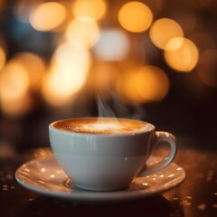 close up of a steaming hot cup of coffee foamy 35mm bokeh warm colors blurred background