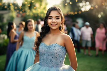 Portrait of Hispanic teen girl at her quinceanera party in backyard.