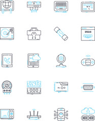 Digital instruments linear icons set. Synthesizer, Sampler, Drum machine, Sequencer, Controller, Keyboard, Modulator line vector and concept signs. Oscillator,Plugin,Virtual outline illustrations