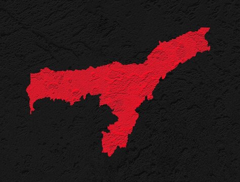 Assam red map on isolated black textured background. High quality coloured map of Assam, India.