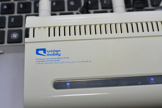 Cairo, Egypt, April 8 2023: A broadband wireless wifi and LAN router for high speed internet of Mobily Etisalat Saudi Arabia, Home broadband internet, Etihad Etisalat (Mobily) is a Saudi company