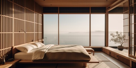 A serene Japanese Bedroom with rice paper screens, silk bedding and minimal furniture, generative ai